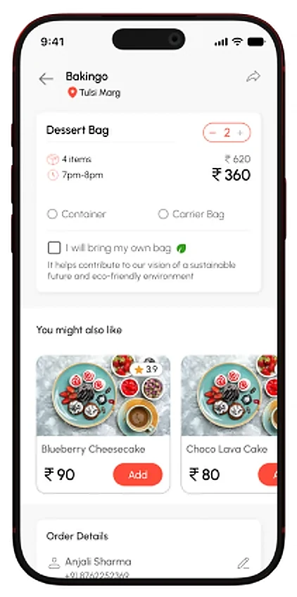 Never2Late app: Bakingo dessert bag order screen
