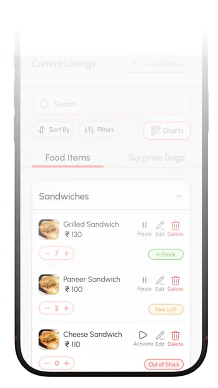 Never2Late partner app: current listings screen