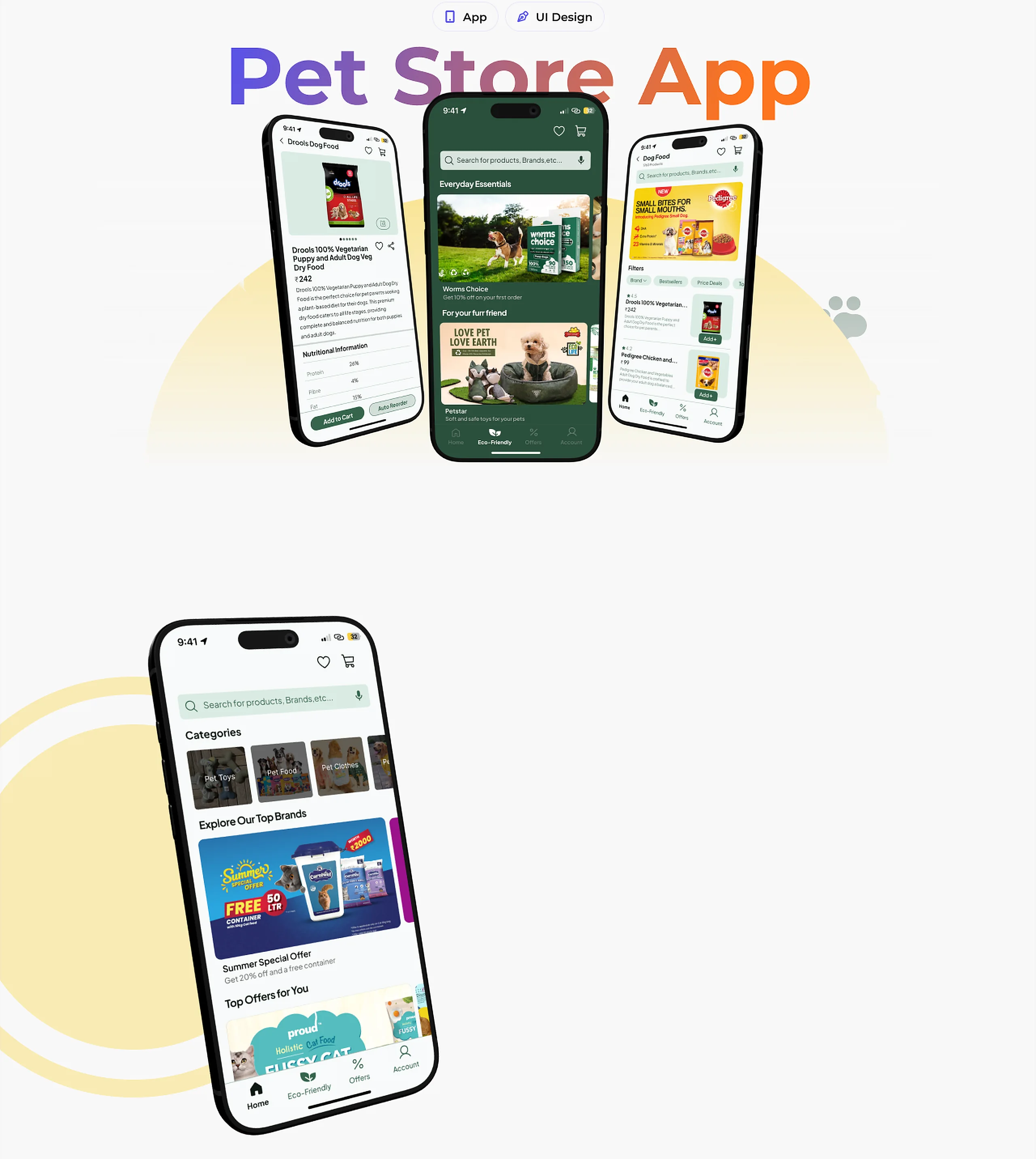 Pet Store App UI design: product, home and listing screens with categories and top offers