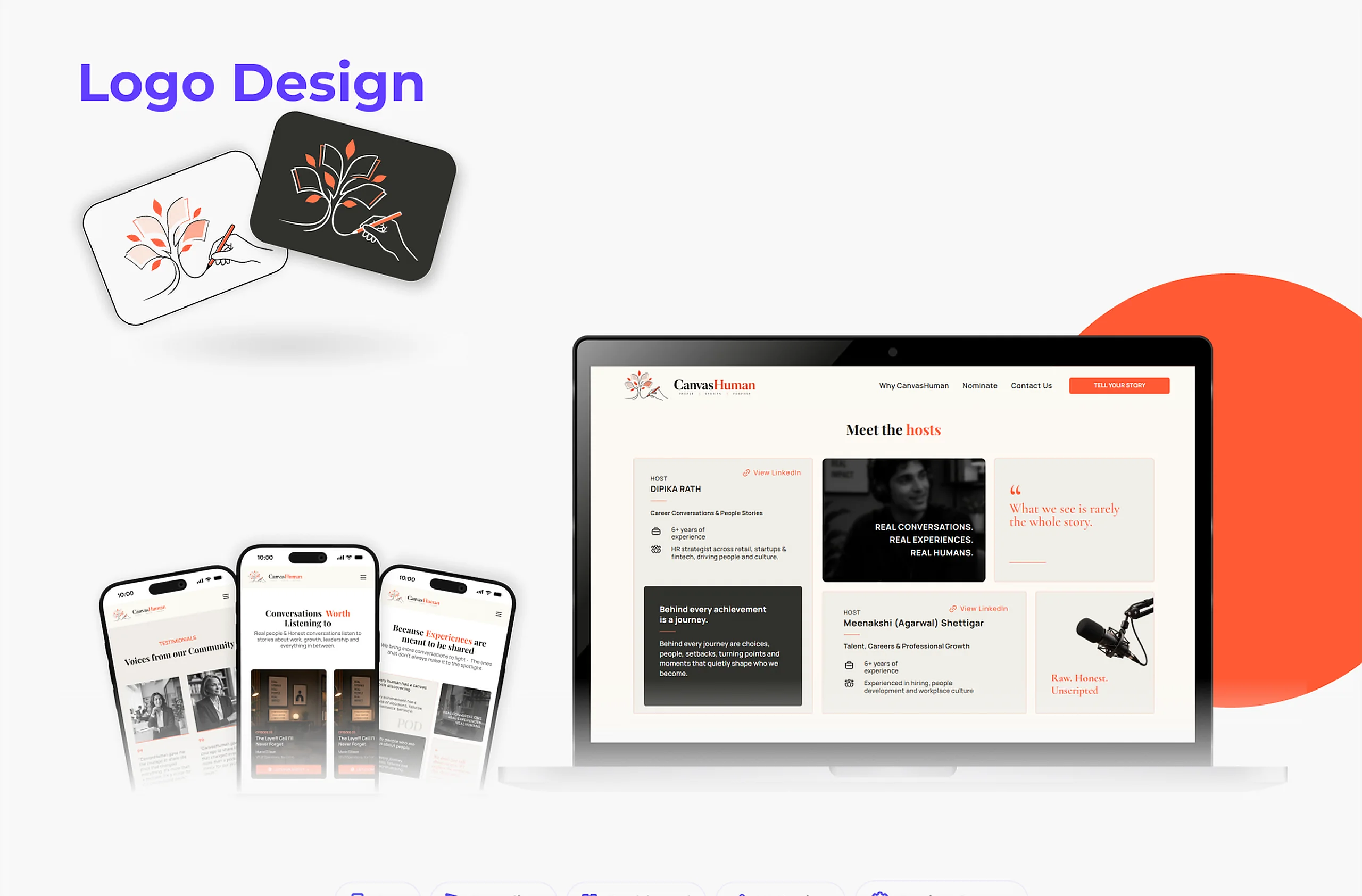 CanvasHuman logo design, mobile screens and "Meet the hosts" page
