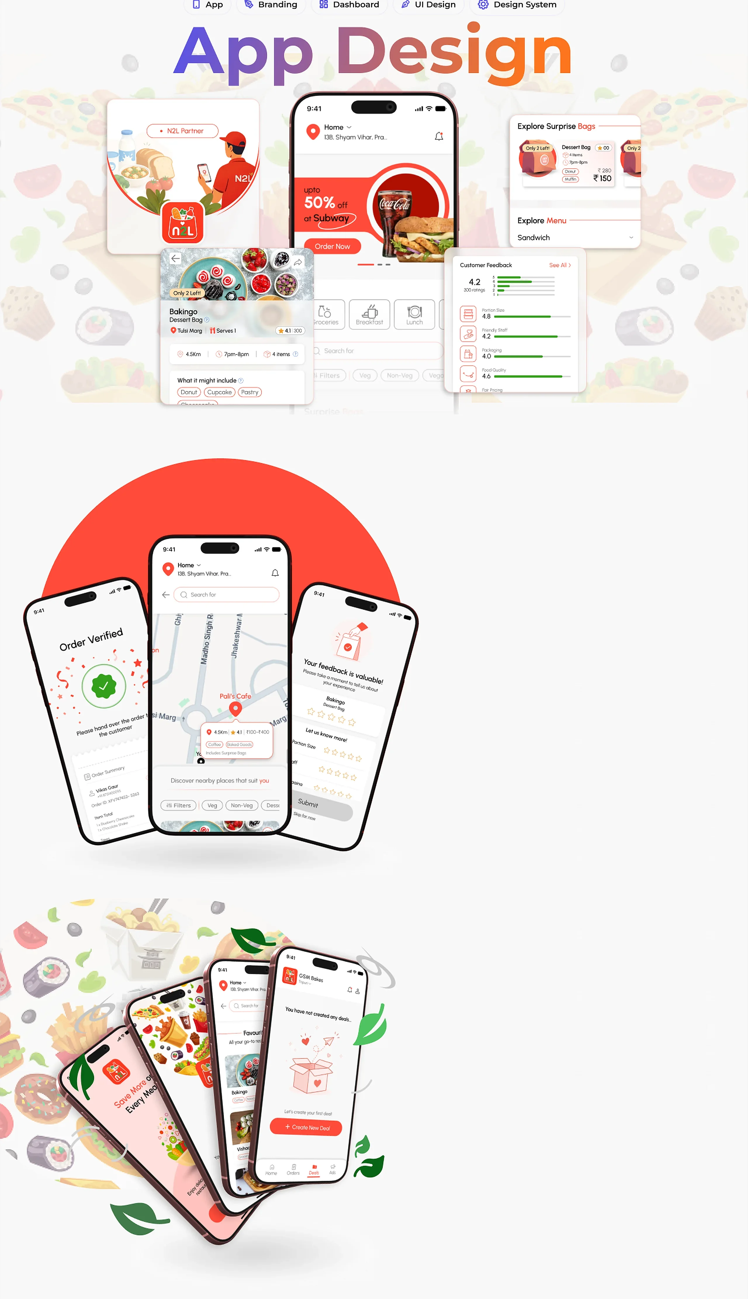 Never2Late (N2L) surprise bag food app screens for customers and partners
