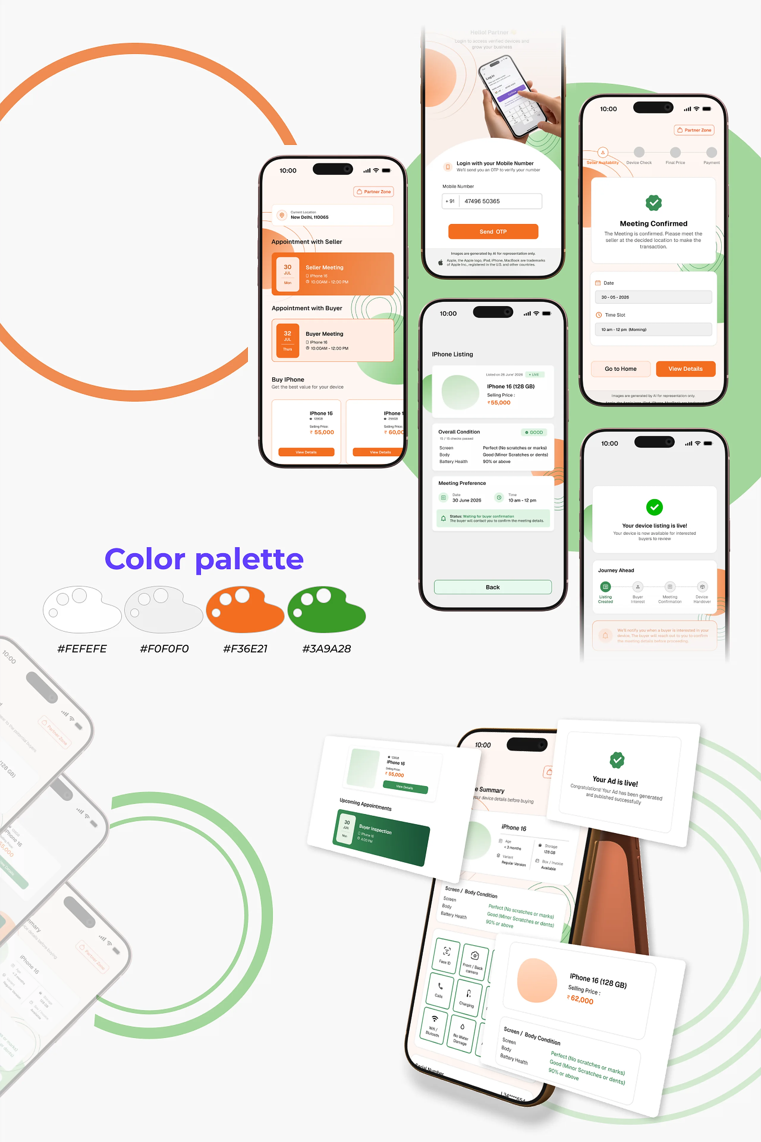 ReOwn phone resale app screens and color palette