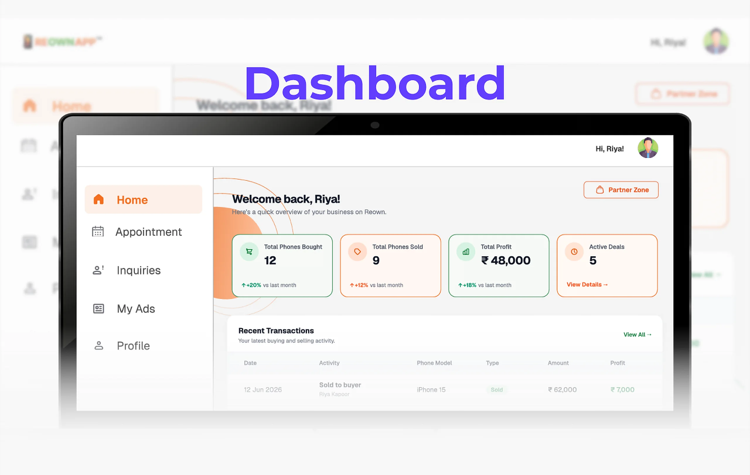 ReOwn partner dashboard on a laptop
