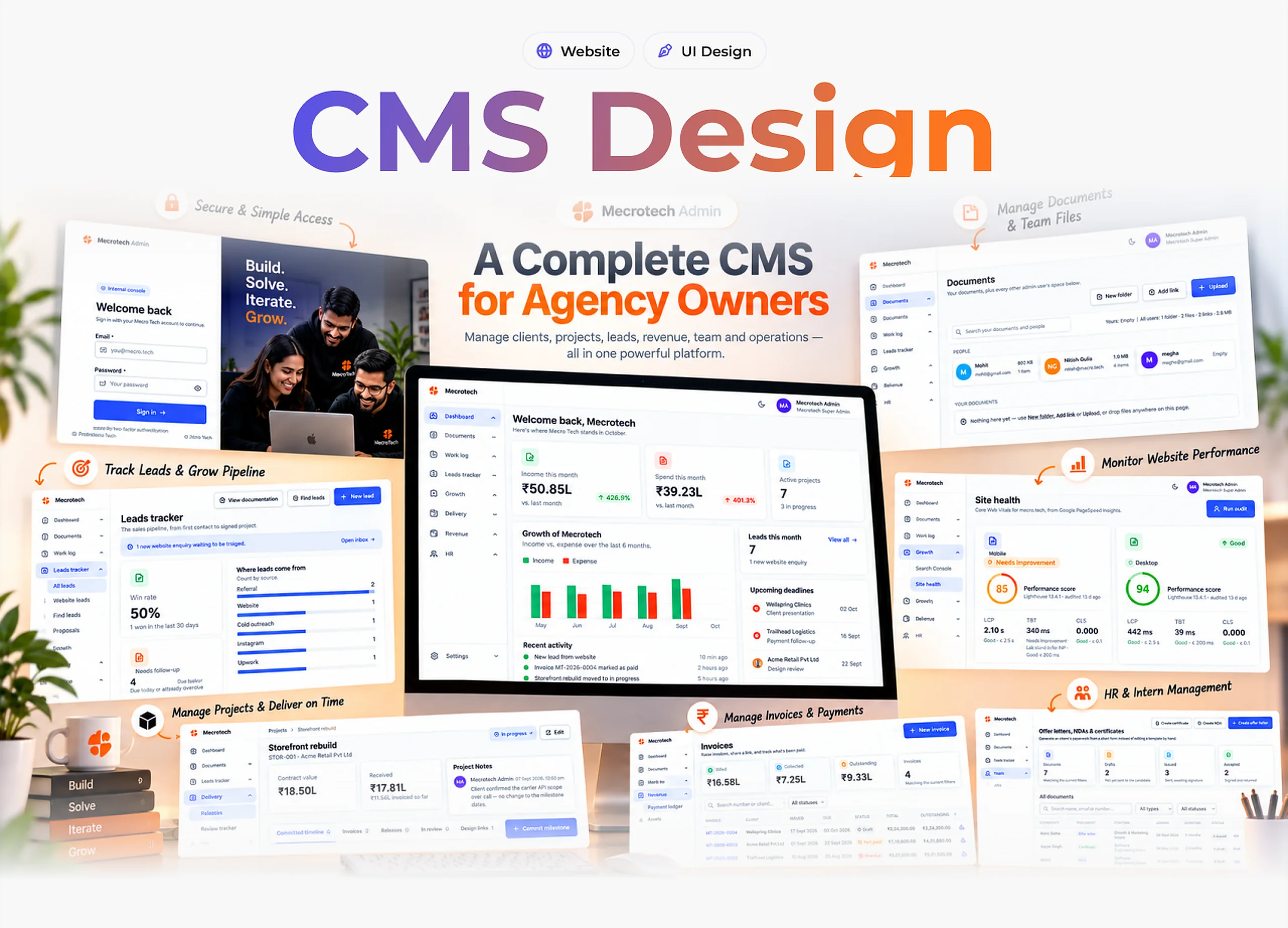 Mecrotech Admin CMS for agency owners: leads, projects, invoices, documents and site health