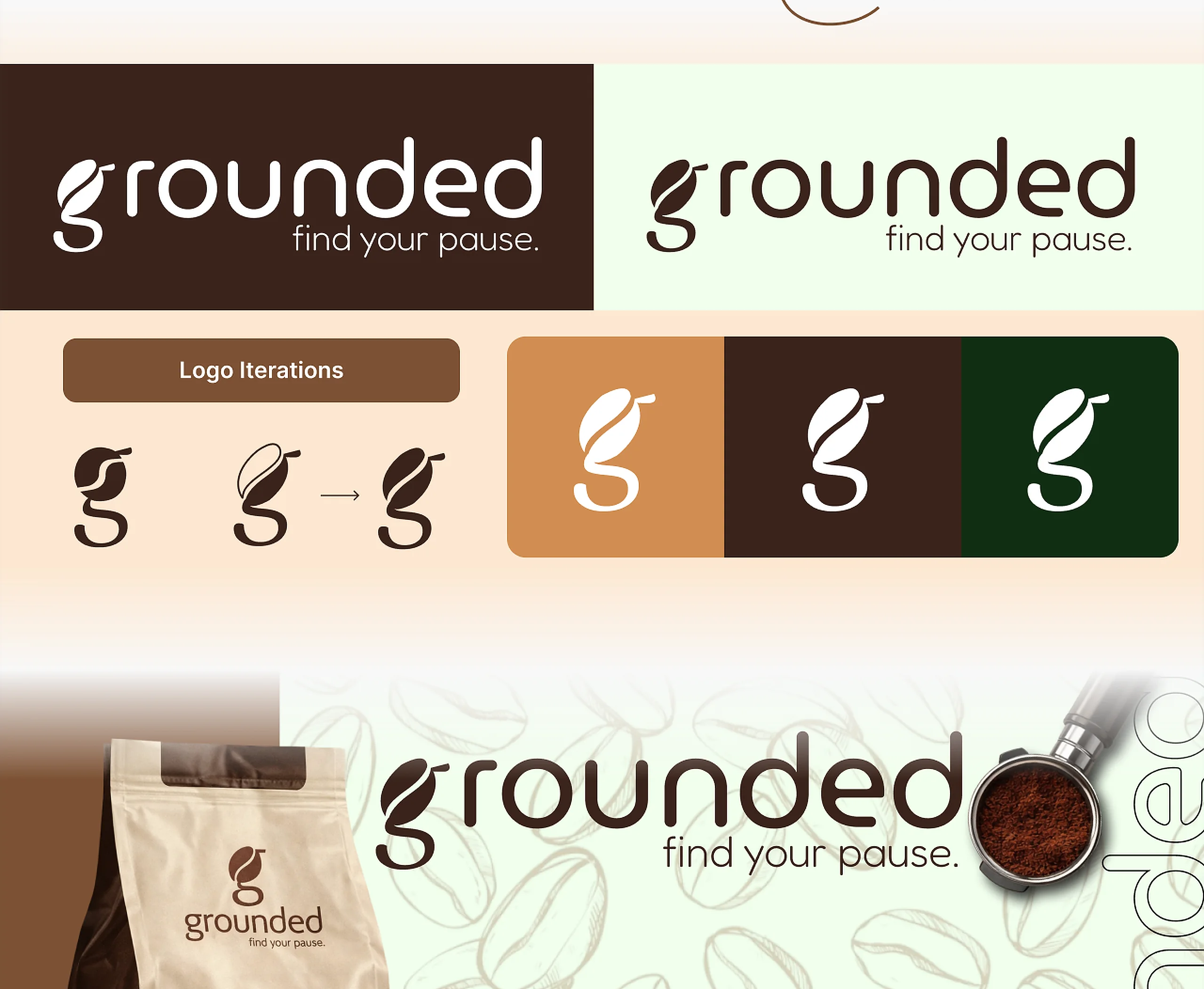 Grounded coffee logo, logo iterations and packaging