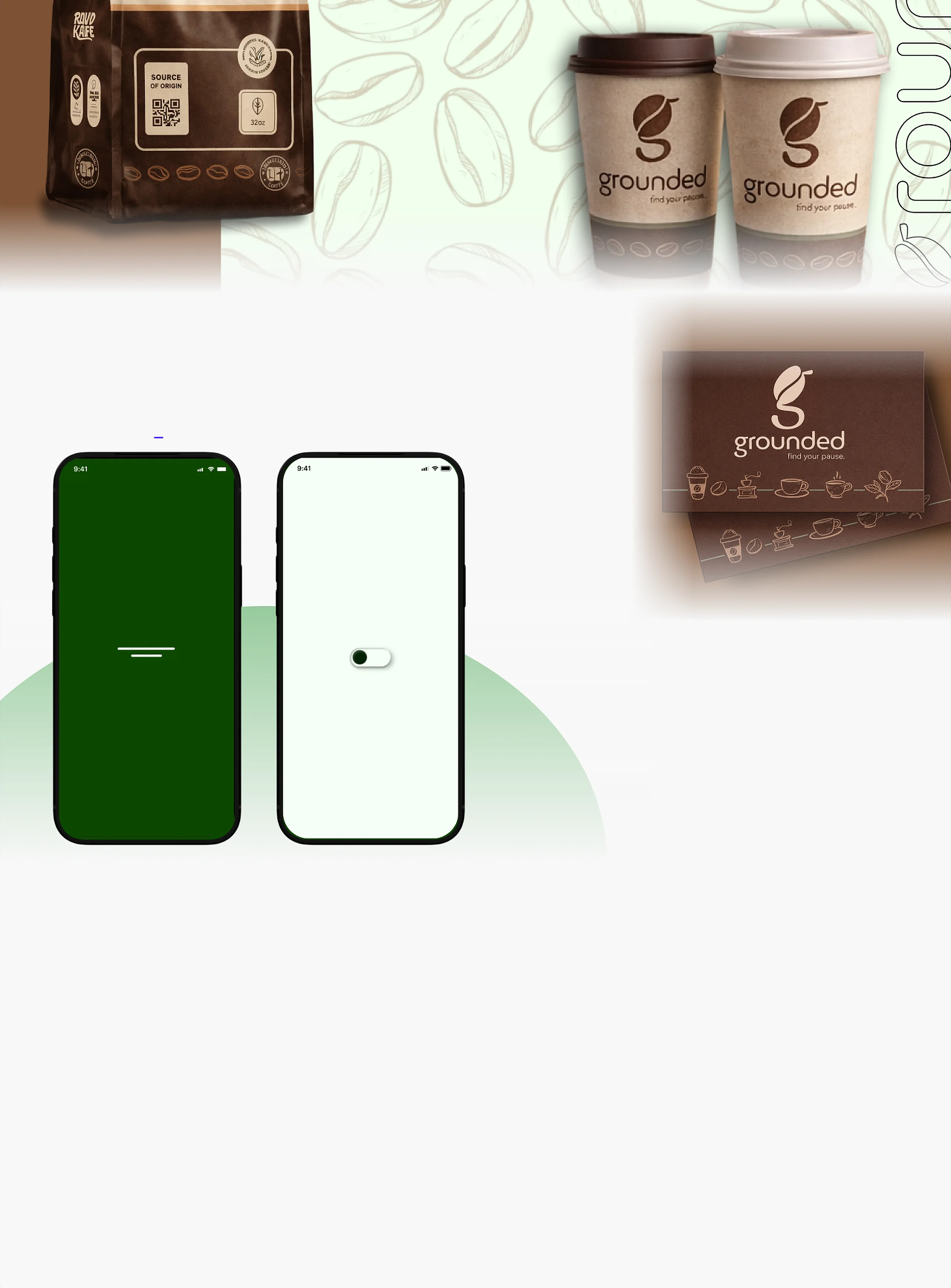 Grounded coffee packaging, business card and splash screens